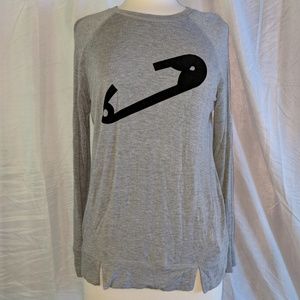 Grey long sleeve sweater with safety pin decal